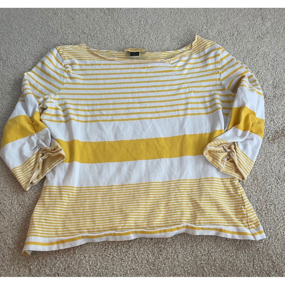St. John Sport Yellow White Striped Boat Neck Top Ruched 3/4 Sleeve Medium